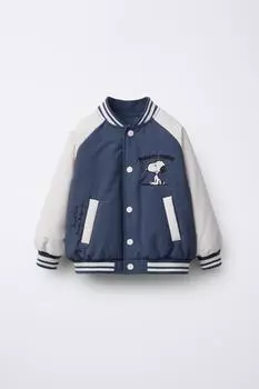 Вышитая куртка-бомбер snoopy peanuts ZARA, цвет Ecru/Blue