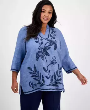 Вышитая льняная туника больших размеров Charter Club, синий