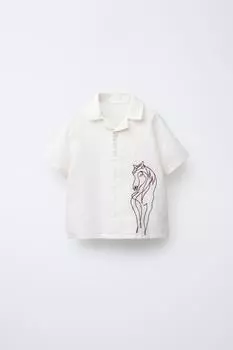 Вышитая лошадиная рубашка из льняной смеси ZARA, экрю