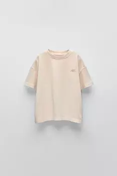 Вышитая потертая футболка ZARA, экрю