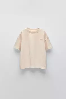Вышитая потертая футболка ZARA, экрю