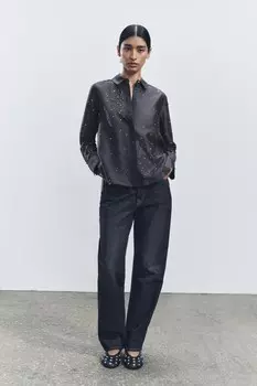 Вышитая рубашка с драгоценностями ZARA, темно-серый