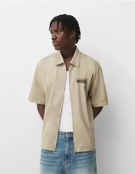 Вышитая рубашка с коротким рукавом и застежкой-молнией Bershka, желтый