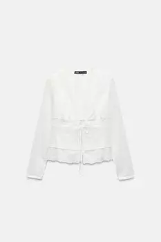 Вышитая рубашка с завязками ZARA, белый
