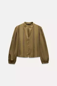Вышитая рубашка ZARA, оливково-зеленый