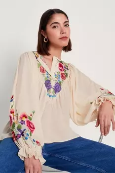 Вышитая винная блузка с цветочными мотивами Monsoon, бежевый