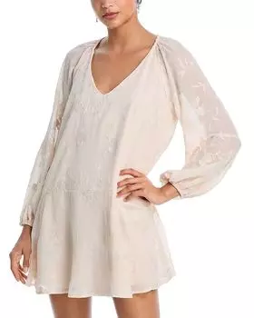 Вышитое цветочное шифоновое мини-платье - эксклюзив AQUA, коричневый/бежевый