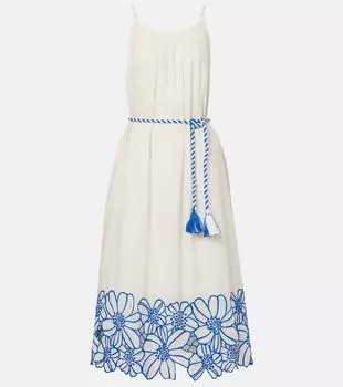 Вышитое хлопковое платье миди Juliette Velvet, Cream/Cobalt