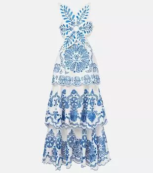 Вышитое льняное платье макси в несколько ярусов Farm Rio, Off-White
