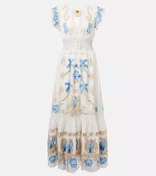 Вышитое макси-платье из льняной смеси Farm Rio, Off-White