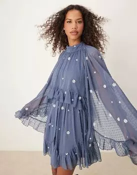 Вышитое мини-платье с накидкой-накидкой в темно-синем цвете ASOS DESIGN