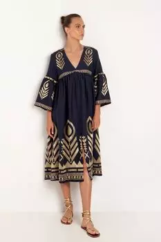 Вышитое мини-платье с разрезом и разрезом на рукавах Greek Archaic Kori, синий