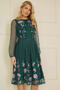 Вышитое платье для выпускного бала с длинными сетчатыми рукавами Yumi, зеленый