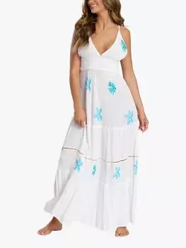 Вышитое платье макси на бретелях с голубыми блестками в виде морских звезд South Beach, белый/разноцветный