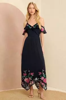 Вышитое платье мидакси с открытыми плечами Love & Roses, синий