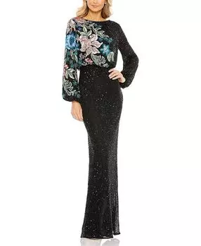 Вышитое платье с высоким воротником и разноцветным цветочным принтом Mac Duggal, черный