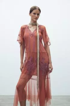 Вышитое тюлевое платье ZARA, цвет Reddish