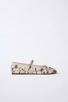Вышитые балетки ZARA, цвет Ecru White