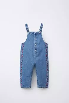 Вышитые длинные джинсовые комбинезоны ZARA, средне-синий