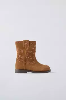 Вышитые кожаные сапоги ZARA, коричневый