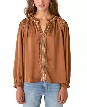 Вышитый атласный топ в крестьянском стиле с разрезом на вырезе Lucky Brand