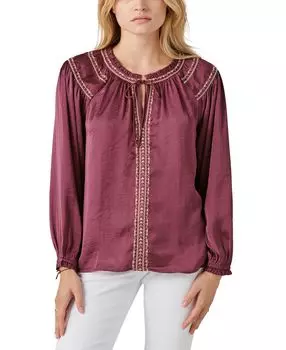 Вышитый атласный топ в крестьянском стиле с разрезом на вырезе Lucky Brand, мульти