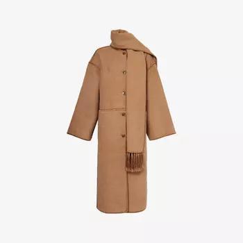 Вышитый шарф, пальто свободного кроя из переработанной шерстяной смеси Toteme, коричневый