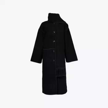 Вышитый шарф, пальто свободного кроя из переработанной шерстяной смеси Toteme, черный