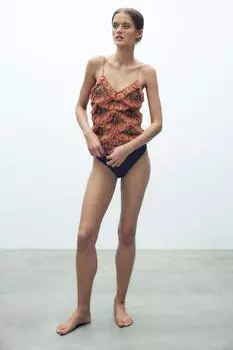 Вышитый топ с оборками ZARA, цвет Brick