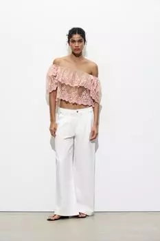 Вышитый топ с оборками ZARA, цвет Pinks