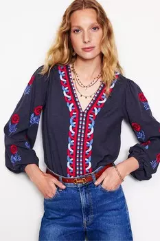 Вышитый топ с V образным вырезом Boden, синий