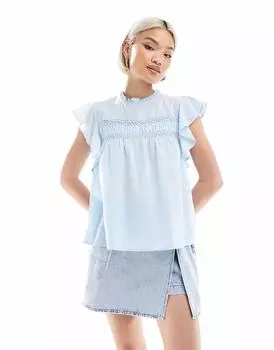 Вышитый топ Vero Moda с высоким воротом и рукавами-крылышками синего цвета