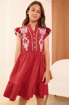 Вышивка платье с V образным вырезом (5 16 лет) Love & Roses, красный