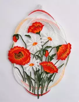 Вышивка плауэнской картины на окне "Маки", с вышивкой настоящим плауэнским кружевом Stickereien Plauen 22х31 см, красный