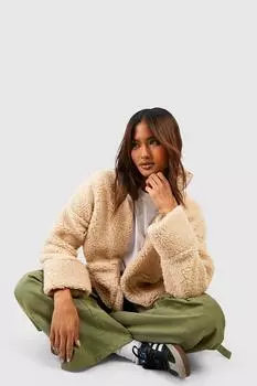 Высокая флисовая куртка Borg на молнии boohoo, бежевый
