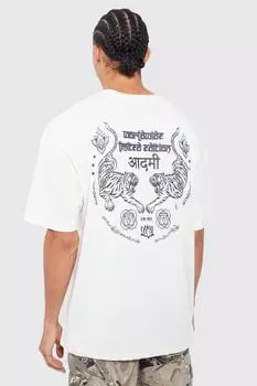 Высокая футболка оверсайз с графическим тиром mandala Boohoo, экру