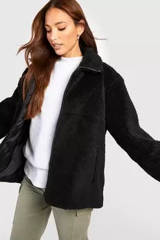 Высокая куртка Тедди из искусственного меха с молнией boohoo, черный