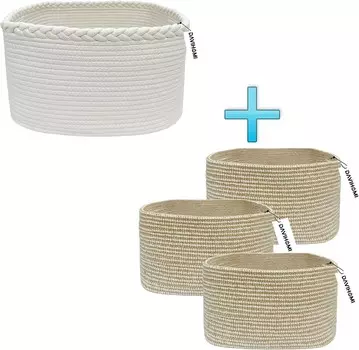 Высокая квадратная корзина из хлопчатобумажной веревки 13,5X11X9,5 дюймов (белая) и корзина из плетеной хлопчатобумажной веревки 13,5X11X9,5 дюймов с ручкой (лен и белый цвет) DAVIHOMI