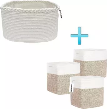 Высокая квадратная корзина из хлопчатобумажной веревки размером 11X11X11 дюймов (бело-коричневая) и корзина из плетеной хлопчатобумажной веревки размером 13,5X11X9,5 дюймов с ручкой (белая) DAVIHOMI
