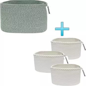 Высокая квадратная корзина из хлопчатобумажной веревки размером 13,5X11X9,5 дюймов (зеленая) и корзина из плетеной хлопчатобумажной веревки размером 13,5X11X9,5 дюймов с ручкой (белая) DAVIHOMI