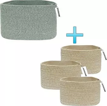 Высокая квадратная корзина из хлопчатобумажной веревки размером 13,5X11X9,5 дюймов (зеленая) и корзина из плетеной хлопчатобумажной веревки размером 13,5X11X9,5 дюймов с ручкой (лен и белый цвет) DAVIHOMI