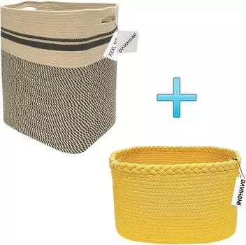 Высокая квадратная корзина из хлопчатобумажной веревки размером 16X13X22 дюйма (черная/Jut) и корзина из плетеной хлопчатобумажной веревки размером 13,5X11X9,5 дюймов с ручкой (желтая) DAVIHOMI