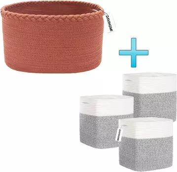 Высокая квадратная корзина из хлопчатобумажной веревки размером 11X11X11 дюймов (белая/серая) и корзина из плетеной хлопчатобумажной веревки размером 13,5X11X9,5 дюймов с ручкой (красная) DAVIHOMI