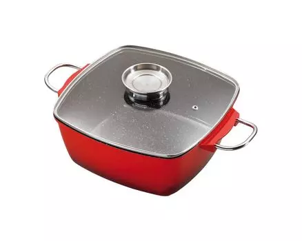 Высокая жаровня KING из литого алюминия 28x28см / со стеклянной крышкой и кнопкой ароматизации / цвет: красный / керамическое покрытие Внутри: FUSION TI