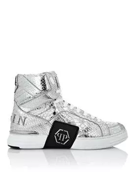 ВЫСОКИЕ КРОССОВКИ MONEY KICK$ PYTHON Platinum HEXAGON Philipp Plein, серебро