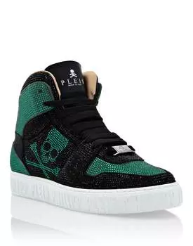 ВЫСОКИЕ КРОССОВКИ NOTORIOUS CRYSTAL SKULL с кристаллами PHILIPP PLEIN, зеленый/черный