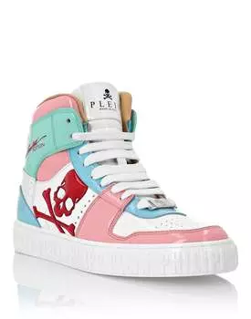 ВЫСОКИЕ КРОССОВКИ ПЕДАЛЬНЫЙ ПАТЕНТНЫЙ ЧЕРЕП Philipp Plein, цвет Rose / Light Blue