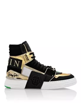 ВЫСОКИЕ КРОССОВКИ PHANTOM KICK$ PYTHON GOLD HEXAGON Philipp Plein, цвет Black / Gold