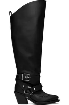 Высокие сапоги в ковбойском стиле с вышивкой Ganni, черный