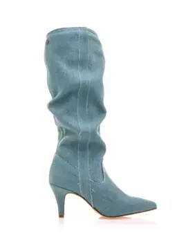 Высокие женские кожаные сапоги с мятым голенищем и тонким каблуком Mustang, светло-голубой